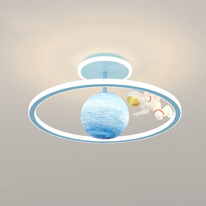 Modern Art Deco Kids Astronaut Planet Round Glass Iron LED Semi-Flush Mount Ceiling Light For Living Room