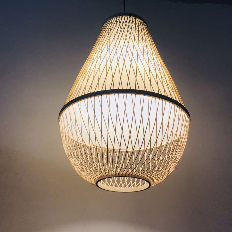 Traditional Vintage Round Cone Cutout Bamboo 1-Light Pendant Light For Living Room