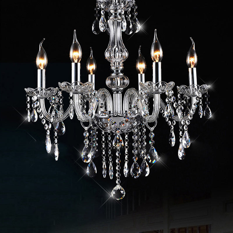 Contemporary Scandinavian Branch Pendant Candle Crystal Glass Metal 6-light Chandelier for Living Room