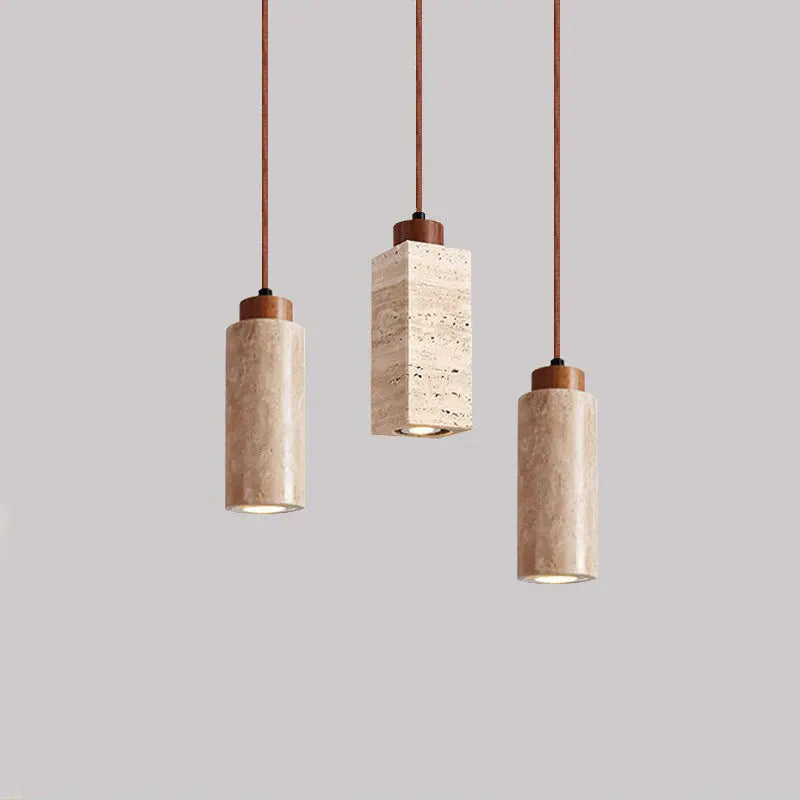 Traditional Japanese Round Rectangular Cylinder Yellow Travertine Solid Wood 1-light Pendant Light for Living Room BulbSquare