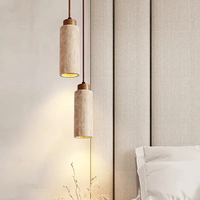 Traditional Japanese Round Rectangular Cylinder Yellow Travertine Solid Wood 1-light Pendant Light for Living Room BulbSquare
