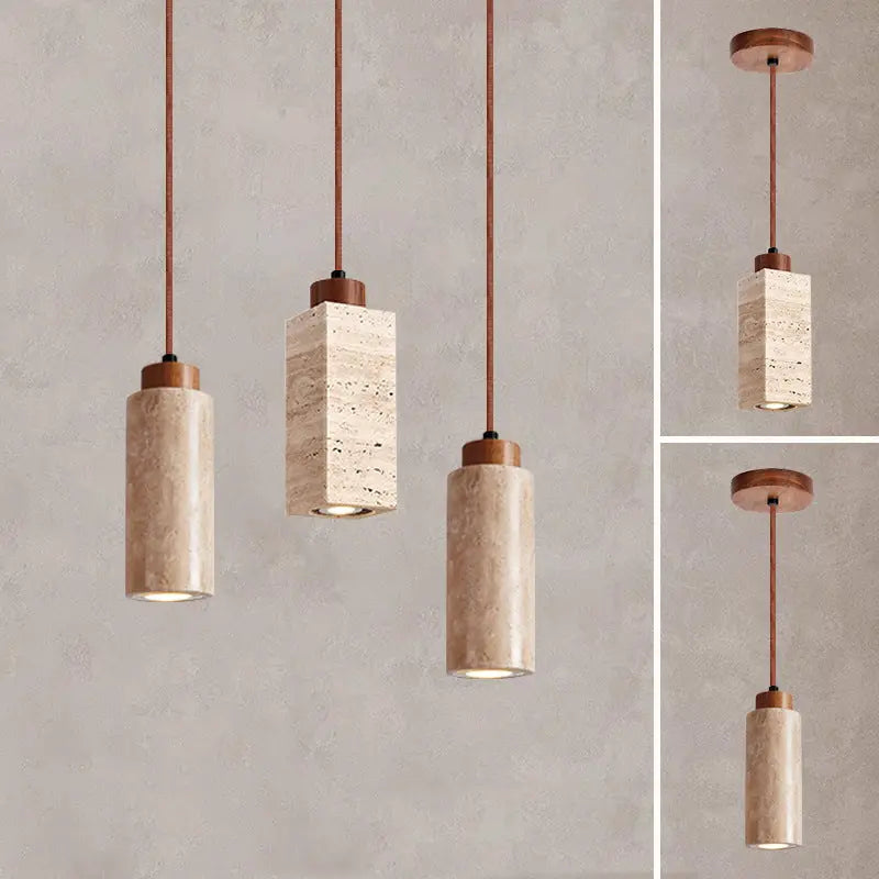 Traditional Japanese Round Rectangular Cylinder Yellow Travertine Solid Wood 1-light Pendant Light for Living Room BulbSquare