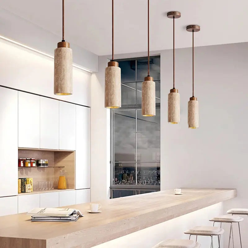 Traditional Japanese Round Rectangular Cylinder Yellow Travertine Solid Wood 1-light Pendant Light for Living Room BulbSquare
