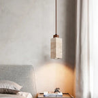 Traditional Japanese Round Rectangular Cylinder Yellow Travertine Solid Wood 1-light Pendant Light for Living Room BulbSquare