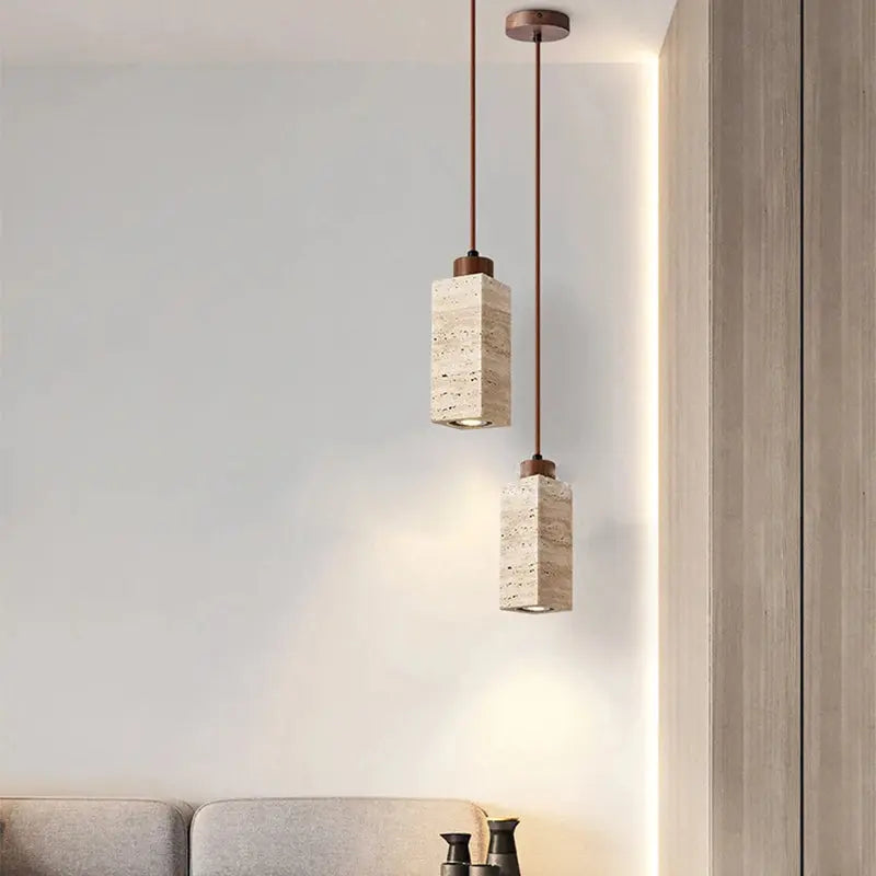 Traditional Japanese Round Rectangular Cylinder Yellow Travertine Solid Wood 1-light Pendant Light for Living Room BulbSquare
