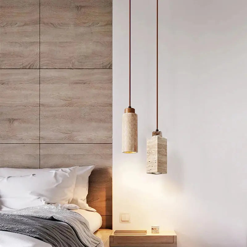 Traditional Japanese Round Rectangular Cylinder Yellow Travertine Solid Wood 1-light Pendant Light for Living Room BulbSquare