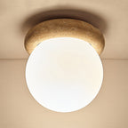 Contemporary Scandinavian Orb Round Yellow Travertine 1-Light Flush Mount Ceiling Light For Living Room