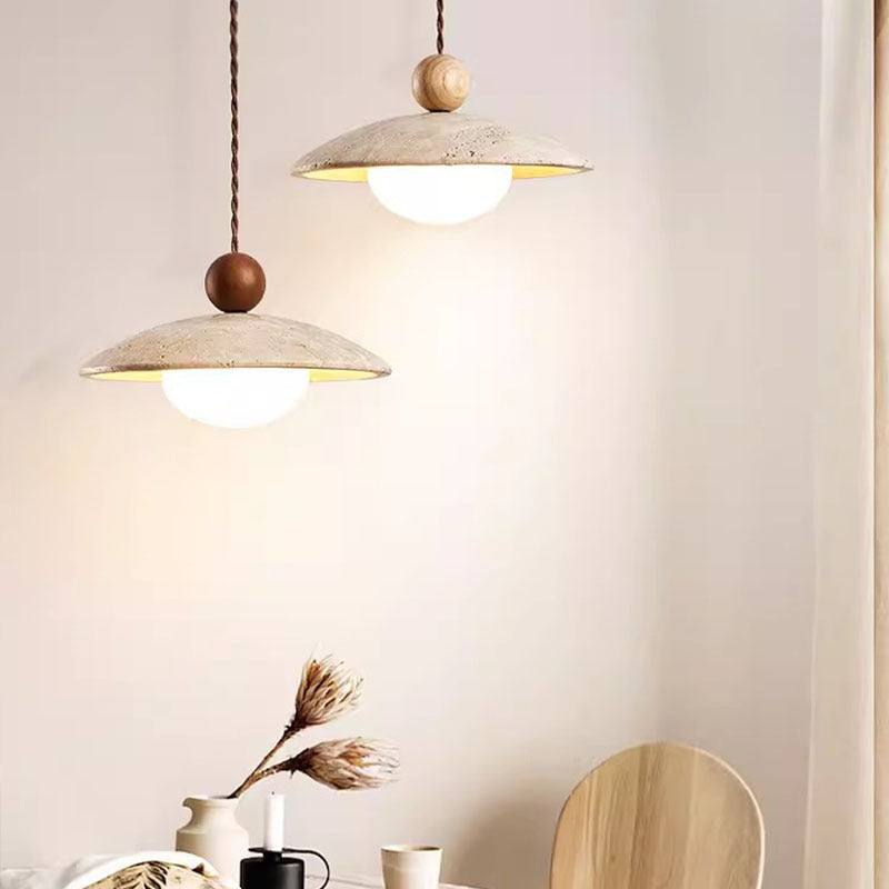 Traditional Japanese Bowl Round Ball Half Round Beige Travertine Solid Wood 1-light Pendant Light for Living Room BulbSquare