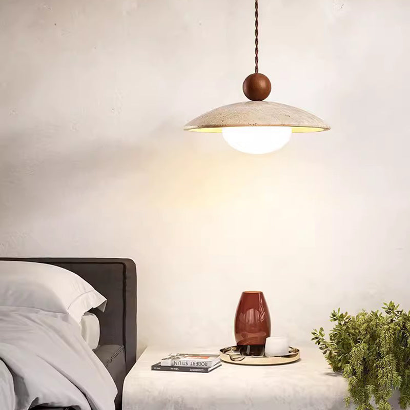 Traditional Japanese Bowl Round Ball Half Round Beige Travertine Solid Wood 1-light Pendant Light for Living Room BulbSquare
