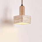 Traditional Japanese Bowl Round Ball Half Round Beige Travertine Solid Wood 1-light Pendant Light for Living Room BulbSquare