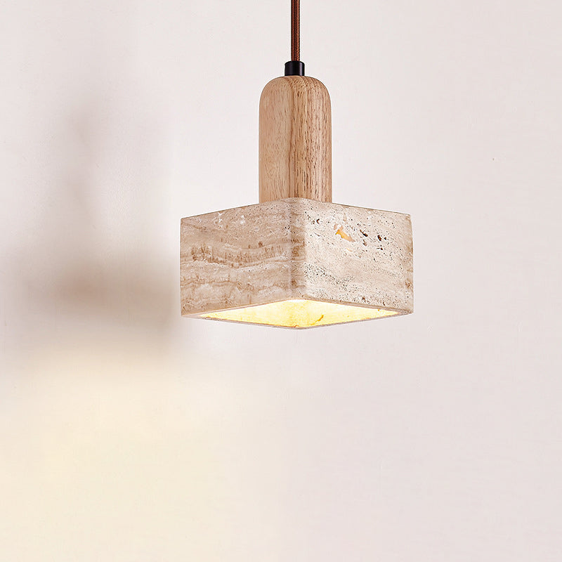 Traditional Japanese Bowl Round Ball Half Round Beige Travertine Solid Wood 1-light Pendant Light for Living Room BulbSquare