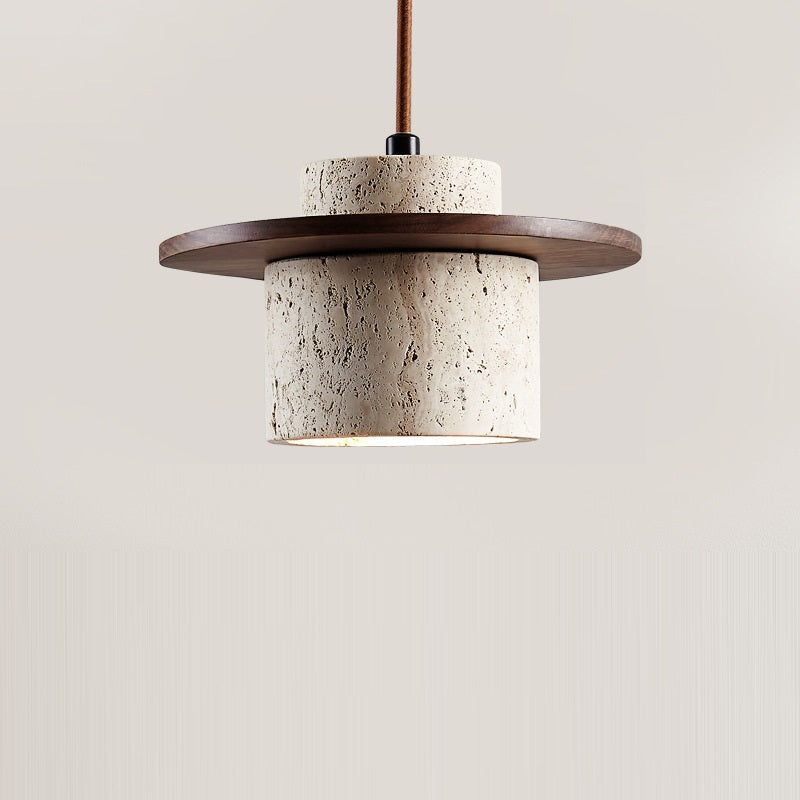 Traditional Japanese Bowl Round Ball Half Round Beige Travertine Solid Wood 1-light Pendant Light for Living Room BulbSquare