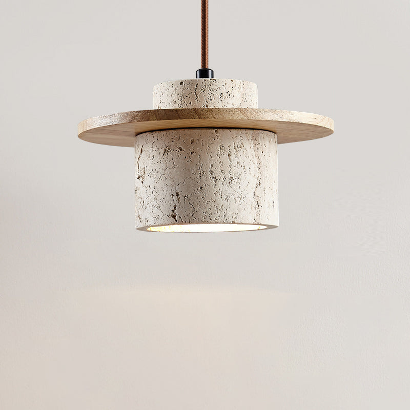 Traditional Japanese Bowl Round Ball Half Round Beige Travertine Solid Wood 1-light Pendant Light for Living Room BulbSquare