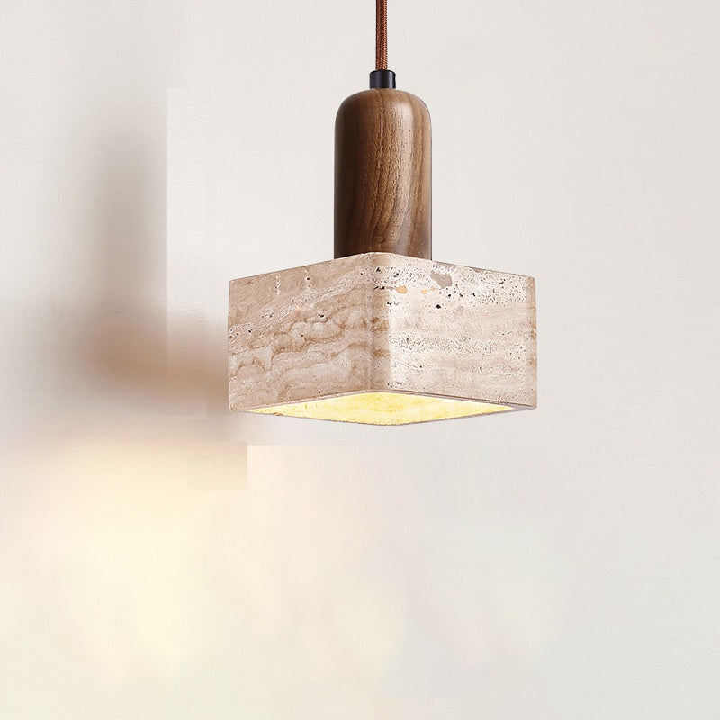 Traditional Japanese Bowl Round Ball Half Round Beige Travertine Solid Wood 1-light Pendant Light for Living Room BulbSquare