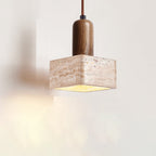 Traditional Japanese Bowl Round Ball Half Round Beige Travertine Solid Wood 1-light Pendant Light for Living Room BulbSquare