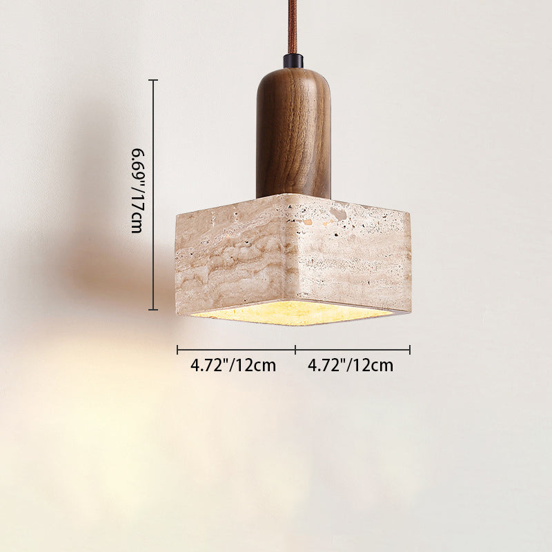 Traditional Japanese Bowl Round Ball Half Round Beige Travertine Solid Wood 1-light Pendant Light for Living Room BulbSquare