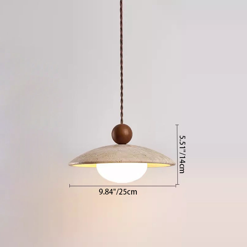 Traditional Japanese Bowl Round Ball Half Round Beige Travertine Solid Wood 1-light Pendant Light for Living Room BulbSquare