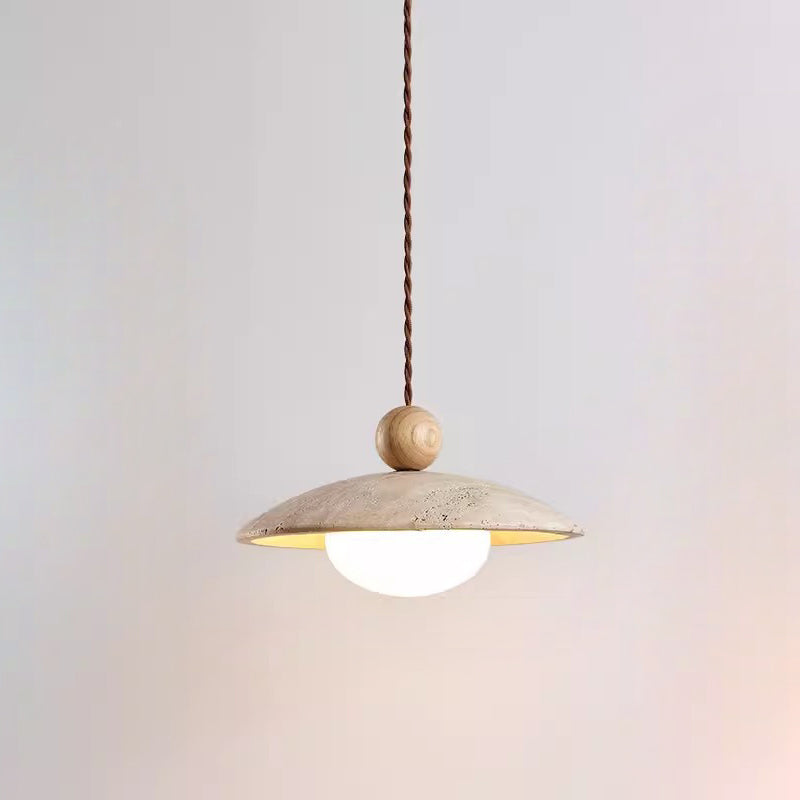 Traditional Japanese Bowl Round Ball Half Round Beige Travertine Solid Wood 1-light Pendant Light for Living Room BulbSquare