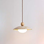 Traditional Japanese Bowl Round Ball Half Round Beige Travertine Solid Wood 1-light Pendant Light for Living Room BulbSquare