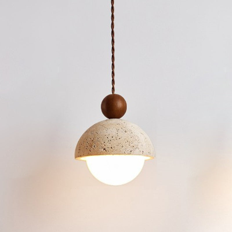 Traditional Japanese Bowl Round Ball Half Round Beige Travertine Solid Wood 1-light Pendant Light for Living Room BulbSquare