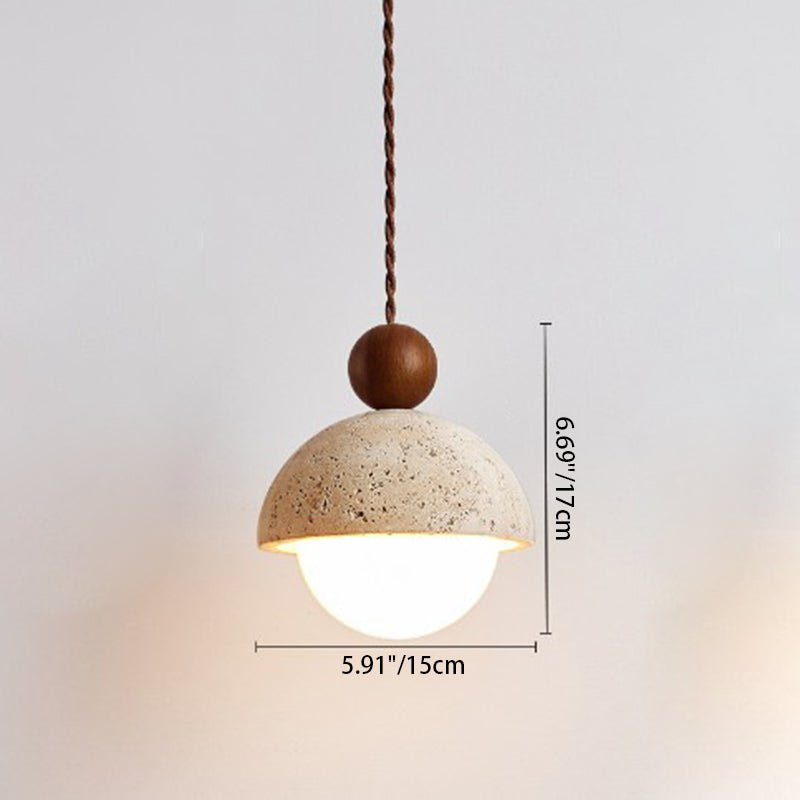 Traditional Japanese Bowl Round Ball Half Round Beige Travertine Solid Wood 1-light Pendant Light for Living Room BulbSquare