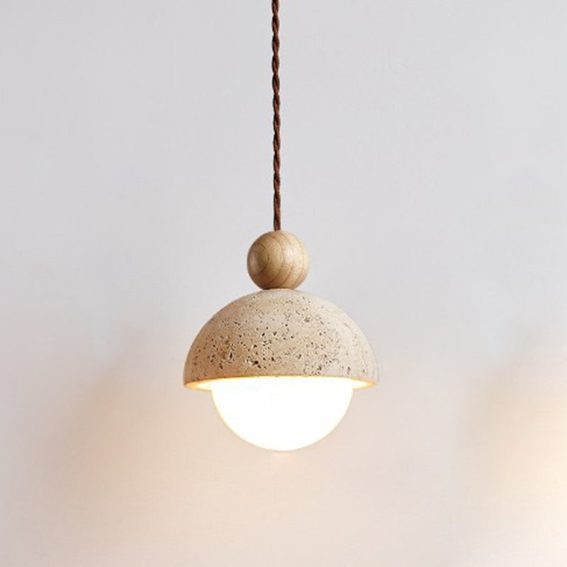 Traditional Japanese Bowl Round Ball Half Round Beige Travertine Solid Wood 1-light Pendant Light for Living Room BulbSquare