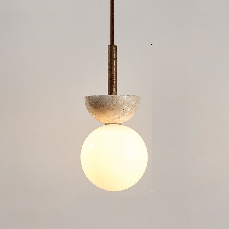 Traditional Japanese Bowl Round Ball Half Round Beige Travertine Solid Wood 1-light Pendant Light for Living Room BulbSquare