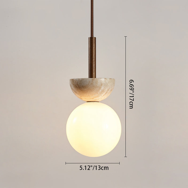 Traditional Japanese Bowl Round Ball Half Round Beige Travertine Solid Wood 1-light Pendant Light for Living Room BulbSquare