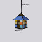 Traditional Tiffany House Shape Square Glass Iron 1-Light Pendant Light For Bedroom