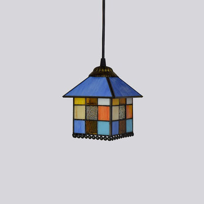 Traditional Tiffany House Shape Square Glass Iron 1-Light Pendant Light For Bedroom