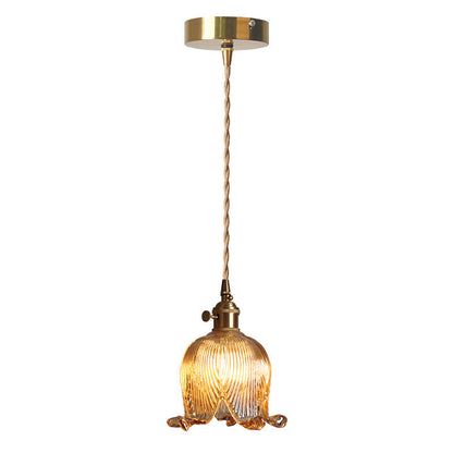 Traditional Vintage Floral Round Glass Copper 1-light Pendant Light for Living Room