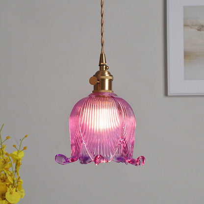 Traditional Vintage Floral Round Glass Copper 1-light Pendant Light for Living Room