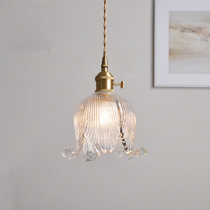 Traditional Vintage Floral Round Glass Copper 1-light Pendant Light for Living Room