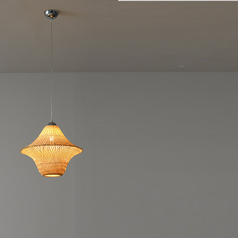 Traditional Chinese Winter Melon Flying Saucer Gourd Round Bamboo Iron 1-light Pendant Light for Living Room