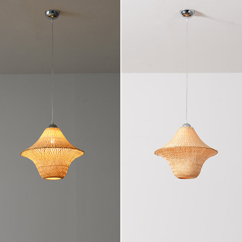 Traditional Chinese Winter Melon Flying Saucer Gourd Round Bamboo Iron 1-light Pendant Light for Living Room