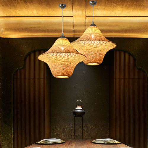 Traditional Chinese Winter Melon Flying Saucer Gourd Round Bamboo Iron 1-light Pendant Light for Living Room