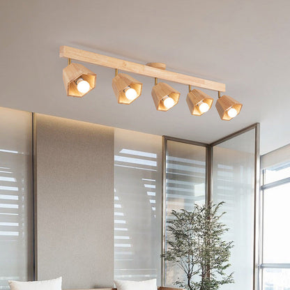 Contemporary Scandinavian Hexagonal Long Rubberwood 1/2/3/4/5 Light Semi-Flush Mount Ceiling Light For Bedroom