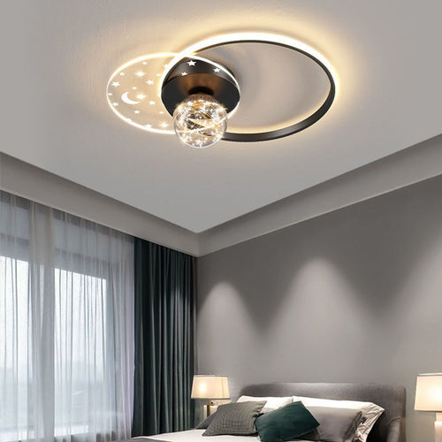 Contemporary Scandinavian Round Orb Star Crescent Glass Acrylic Iron LED Flush Mount Ceiling Light For Bedroom