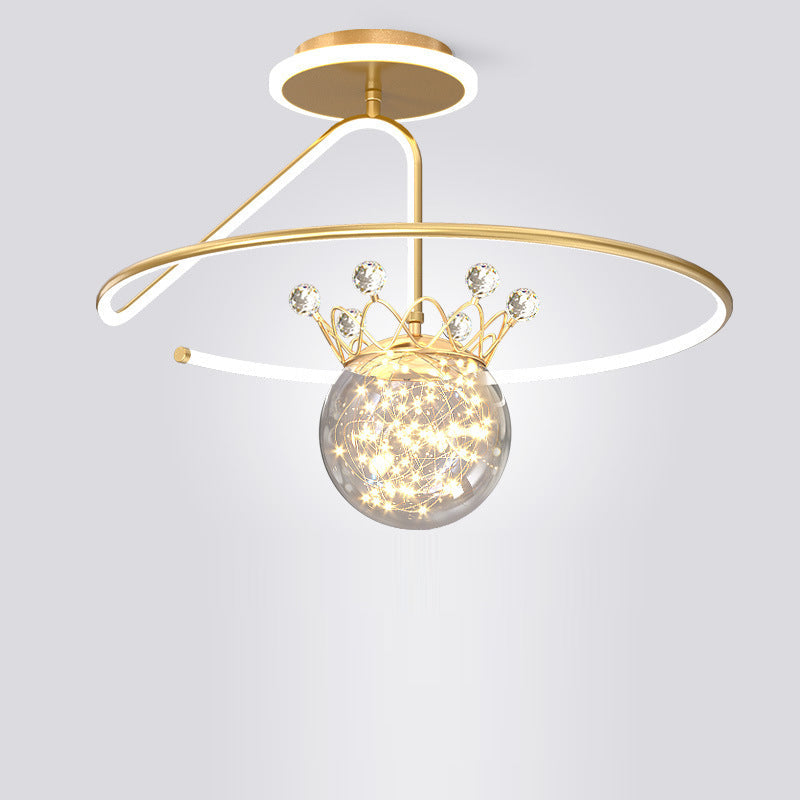Modern Luxury Round Orb Crown PC Iron LED Semi-Flush Mount Ceiling Light For Bedroom