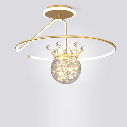 Modern Luxury Round Orb Crown PC Iron LED Semi-Flush Mount Ceiling Light For Bedroom