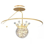 Modern Luxury Round Orb Crown PC Iron LED Semi-Flush Mount Ceiling Light For Bedroom