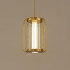 Traditional Chinese Birdcage Round Column Glass Iron Brass 1-Light Pendant Light For Living Room
