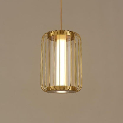 Traditional Chinese Birdcage Round Column Glass Iron Brass 1-Light Pendant Light For Living Room