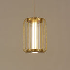 Traditional Chinese Birdcage Round Column Glass Iron Brass 1-Light Pendant Light For Living Room