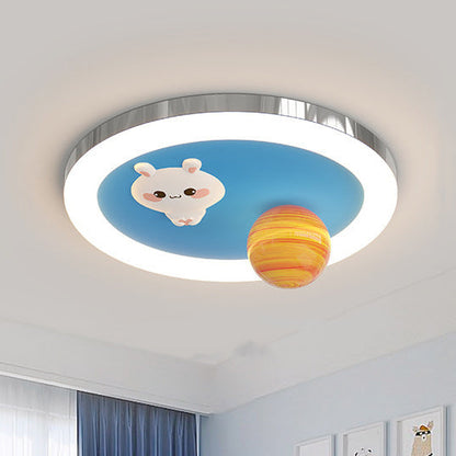 Modern Art Deco Kids Bunny Planet Acrylic Glass Resin Iron LED Flush Mount Ceiling Light For Bedroom