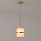 Traditional Chinese Round Column Glass Copper 1-Light Pendant Light For Living Room