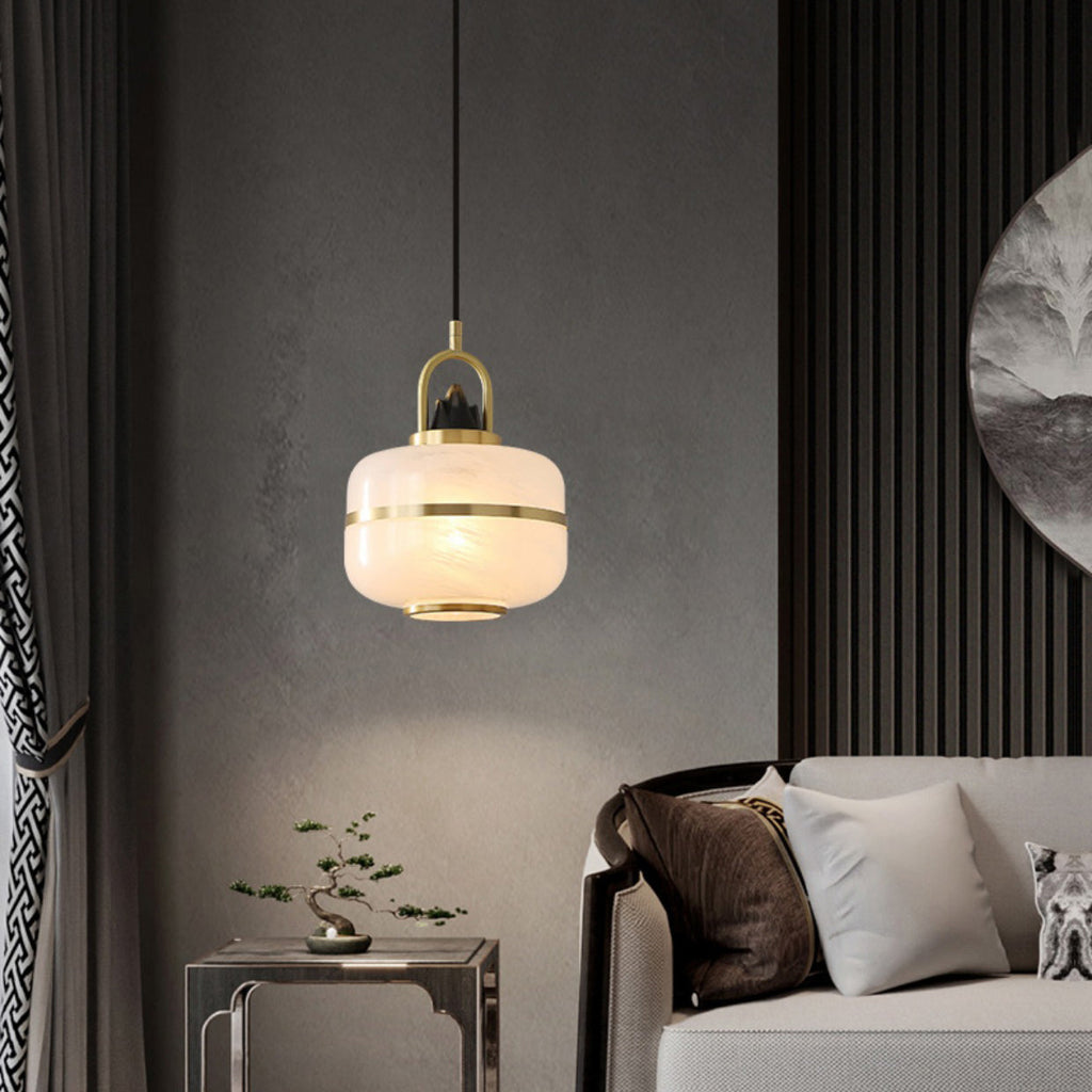 Traditional Chinese Cylinder Round Distressed Glass Brass 1-Light Pendant Light For Living Room