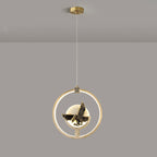 Traditional Chinese Round Eagle Orchid Bamboo Leaf Jade Brass LED Pendant Light For Living Room