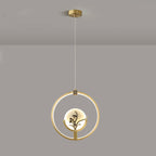 Traditional Chinese Round Eagle Orchid Bamboo Leaf Jade Brass LED Pendant Light For Living Room