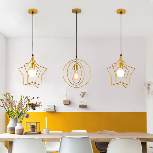 Contemporary Industrial Pentagram Round Hollowed Out Iron 1-Light Pendant Light For Living Room